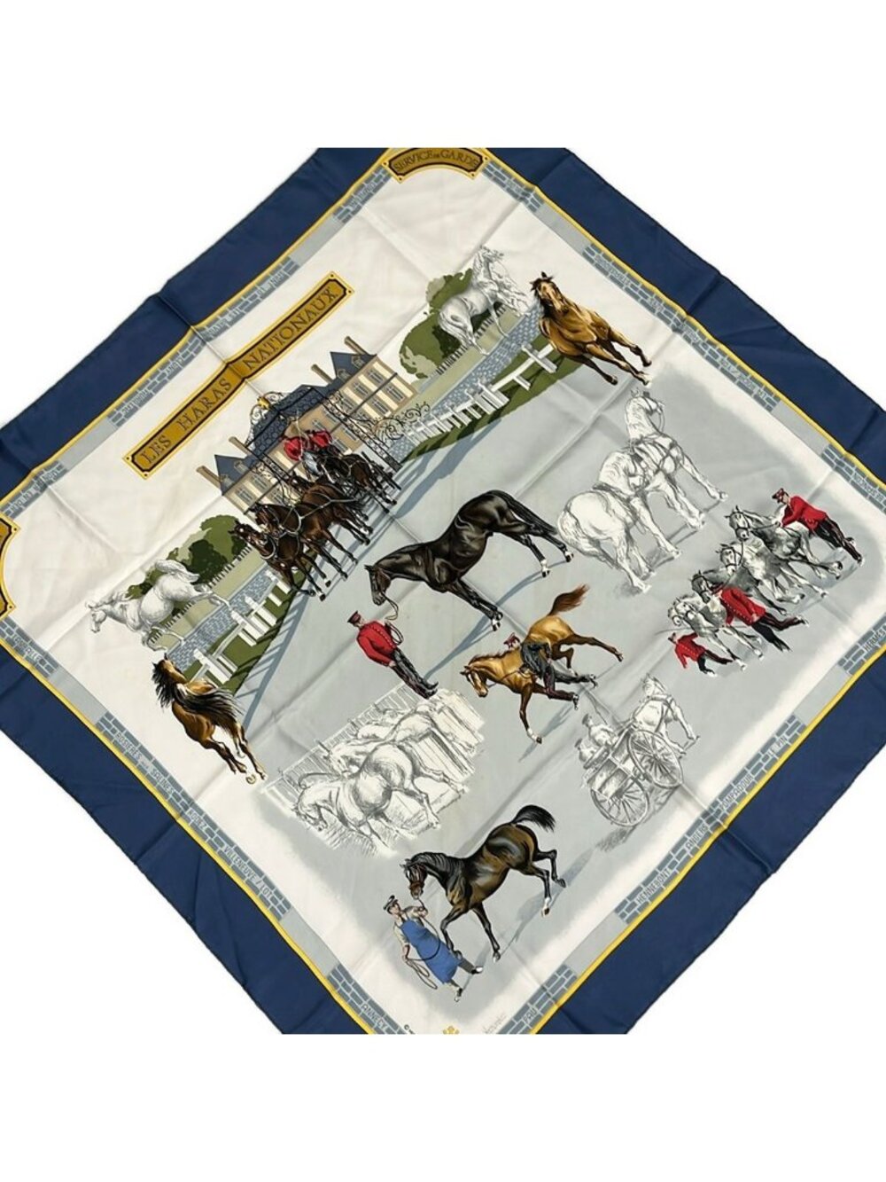 Hermes Scarf Carre 90 White Blue Multi les Haras Nationaux